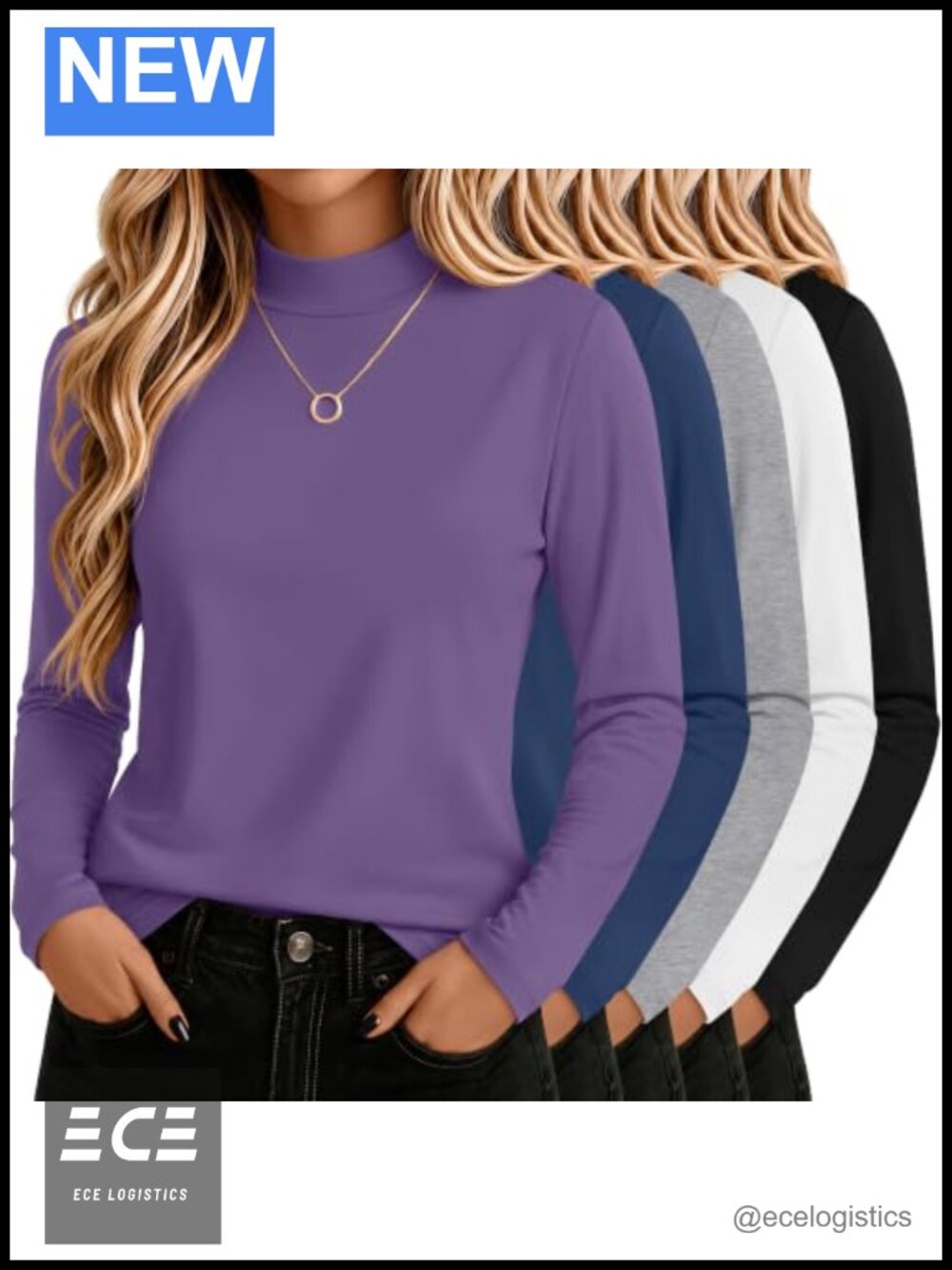 5 Pack Mock Turtleneck Long Sleeve Cotton T-Shirts Slim Fit Tees